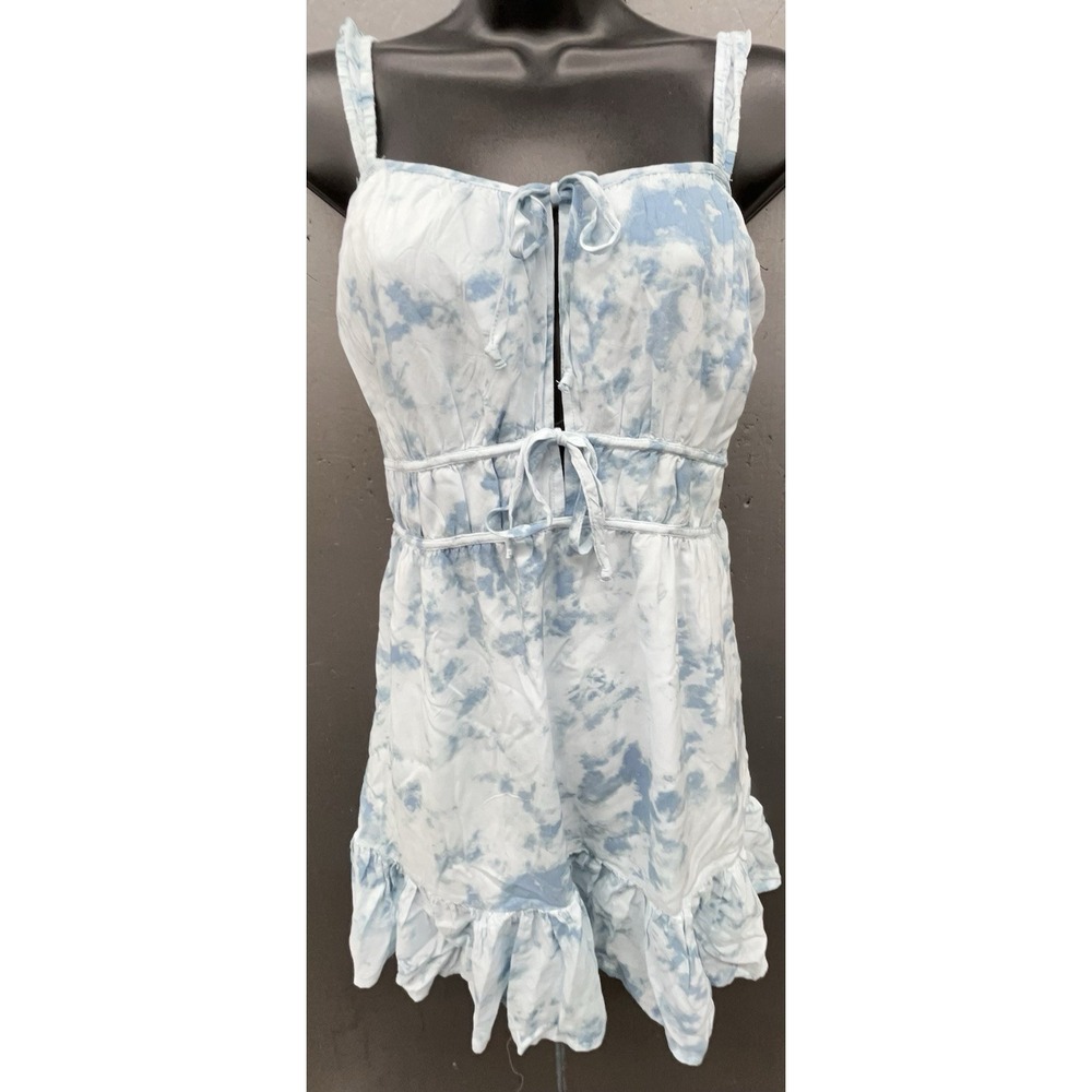 American Eagle Mini Dress L Baby Blue White Ruffle Boho Babydoll Coquette NEW